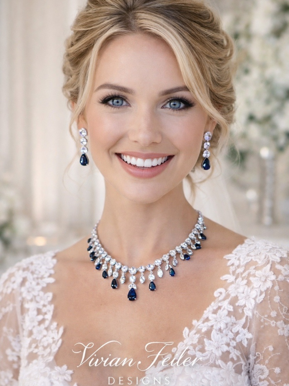 Wedding Sapphire Blue Jewelry Set CZ Necklace and Earrings, Mother of the Bride